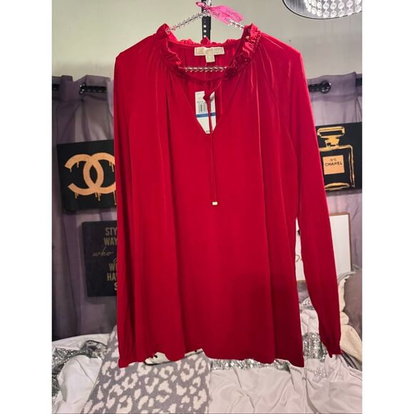 MK michael Kors long sleeve tassel tie front top/shirt/blouse red currant sz XL - Picture 1 of 8